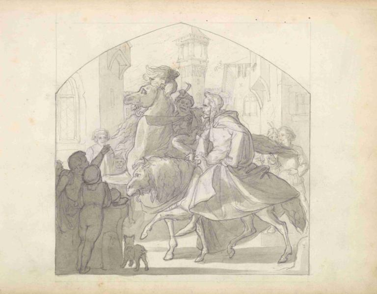 A Man and a Monkey Riding on Horseback,Frederic Leighton,Copperplate Etching,Copperplate Etching