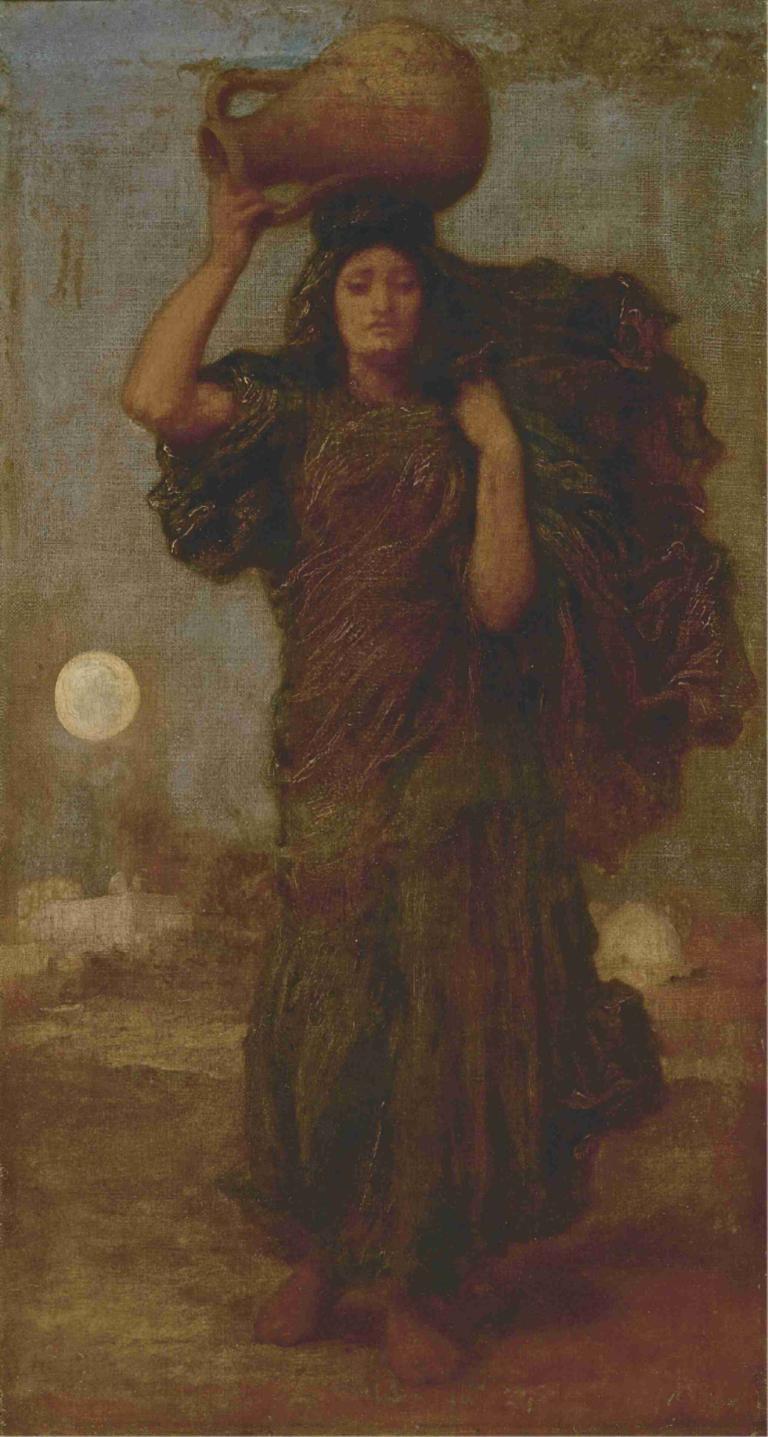 A Nile Woman,Frederic Leighton,Oil Painting,Oil Painting, solo, barefoot, fine art parody, 1boy, moon