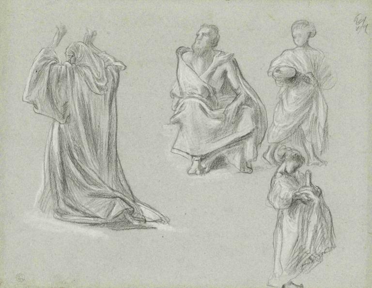 A sheet of figure studies,一张人物研究,Frederic Leighton,弗雷德里克-莱顿,铜版画,铜版画, 单色, 长袍, 传统媒体, 灰度, 草图, 男性焦点, 坐着, 1男孩, 常设