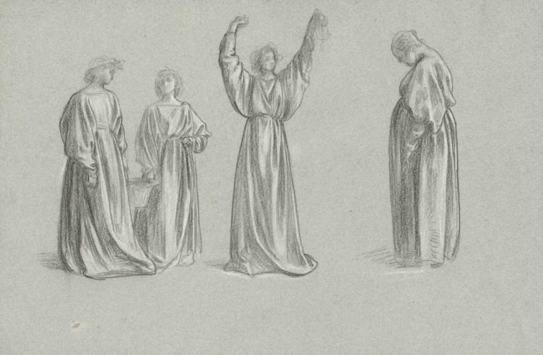 A sheet of studies for 'Romola'; Monna Brigida's conversion,罗慕拉》的学习材料；蒙娜-布里吉达的转变,Frederic Leighton,弗雷德里克-莱顿