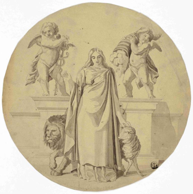 Allegorical Female Figure with Lion, Lamb, Two Putti,Frederic Leighton,Copperplate Etching