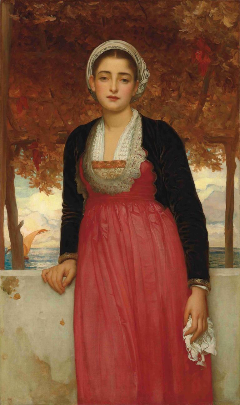 Amarilla,阿馬里拉,Frederic Leighton,弗雷德裡克·萊頓,油畫,油畫, 1個女孩, 獨奏, 實際的, 裙子, 樹, 棕色的頭髮, 看著觀眾, 夾克, 保持, 葉子, 戶外, 珠寶, 美術模仿