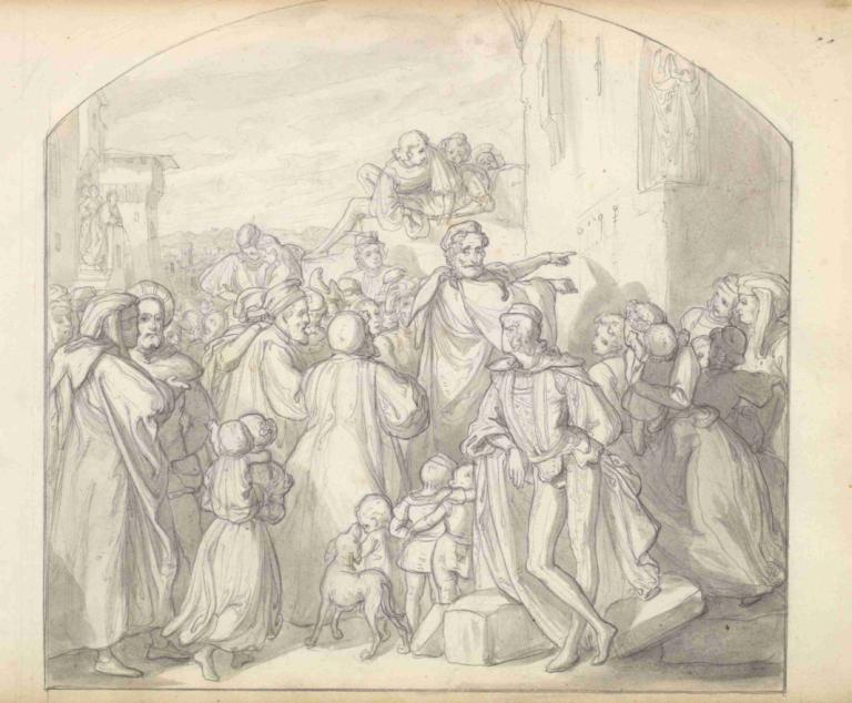 An Artist Drawing on Wall of a Church Watched by a Crowd,Frederic Leighton,Copperplate Etching