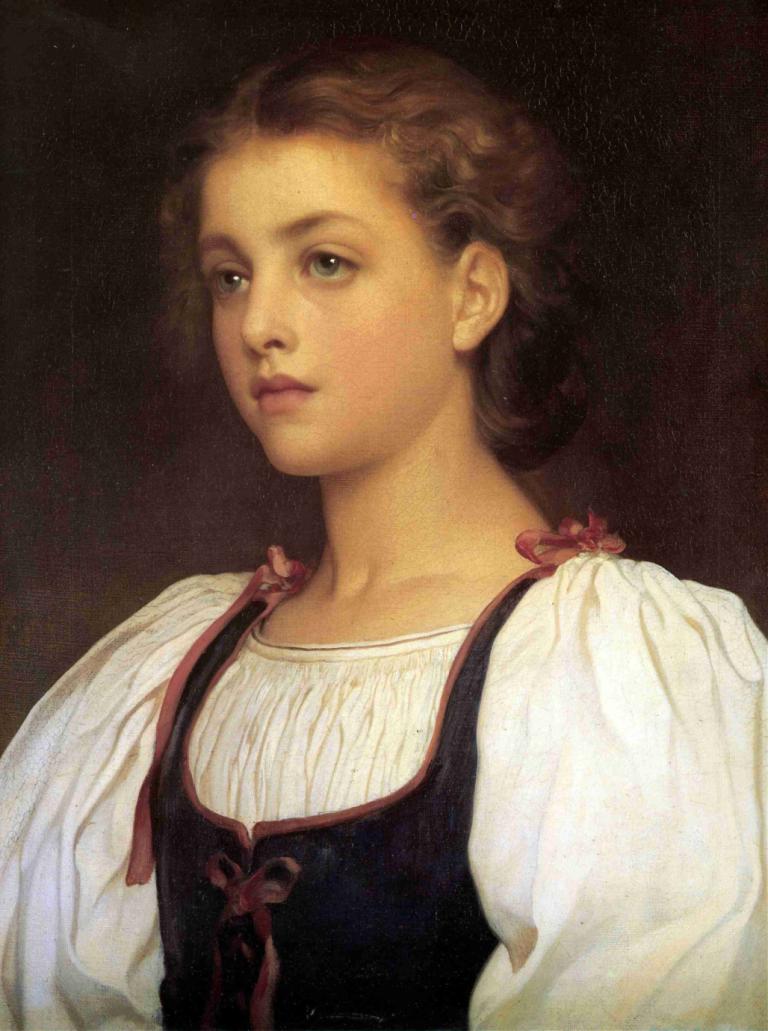 Biondina,ビオンディナ,Frederic Leighton,フレデリック・レイトン,油絵,油絵, 1女の子, ソロ, 現実的な, 茶髪, 上半身, ふくらみのある袖, ドレス, 唇, 長袖, 美術パロディ