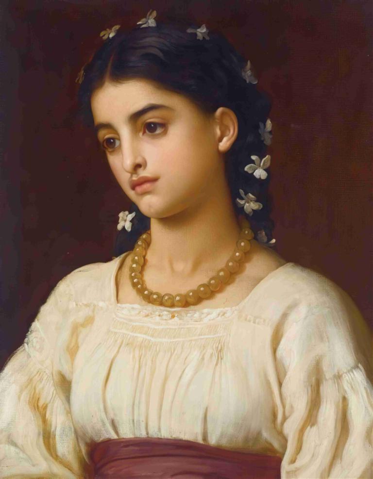 Catarina,キャサリン,Frederic Leighton,フレデリック・レイトン,油絵,油絵, 1女の子, ソロ, 現実的な, ジュエリー, ネックレス, 髪飾り, 花, 髪の花, 黒髪, 三つ編み