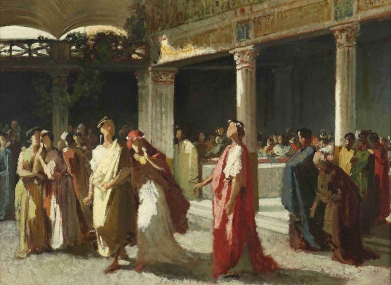 Dramatic Scene in a Court,Dramatická scéna u soudu,Frederic Leighton,Olejomalba,Olejomalba, více dívek, šaty