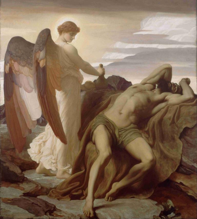 Elijah in the Wilderness,旷野中的以利亚,Frederic Leighton,弗雷德里克-莱顿,油画,油画, 美术模仿, 翅膀, 有羽毛的翅膀, 天使, 天使的翅膀, 戏仿, 男性焦点, 脐