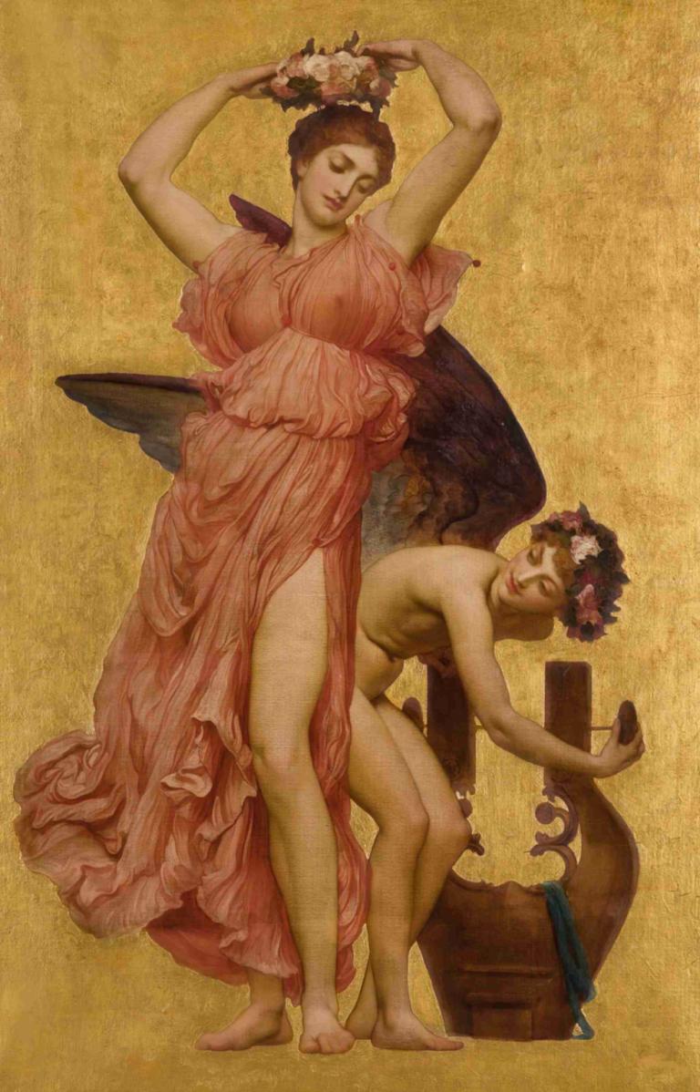 Erato,Frederic Leighton,Ölgemälde,Ölgemälde, Kunstparodie, Parodie, Kleid, barfuß, Blume, 1Mädchen, nackt