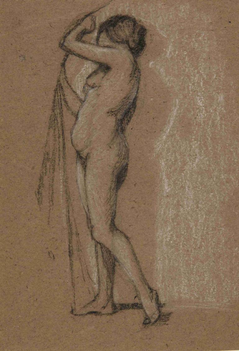 Female nude,女性裸体,Frederic Leighton,弗雷德里克-莱顿,素描,素描, 1个女孩, 独奏, 乳房, 裸体, 赤脚, 单色, 草图, 靠墙, 黑发, 拥抱, 常设