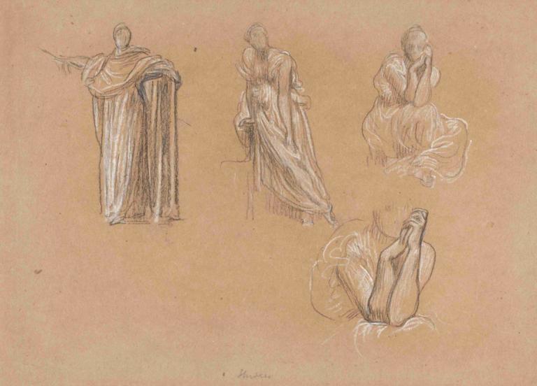 Figure Studies,图表 研究,Frederic Leighton,弗雷德里克-莱顿,素描,素描, 长袍, 坐着, 1男孩, 男性焦点, 传统媒体, 兜帽, 签名, 单色