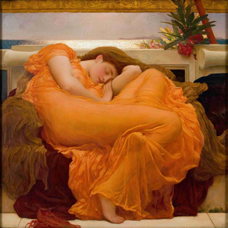 Flaming June,Flammande juni,Frederic Leighton,Oljemålning,Oljemålning, konstparodi, 1 tjej, solo, barfota