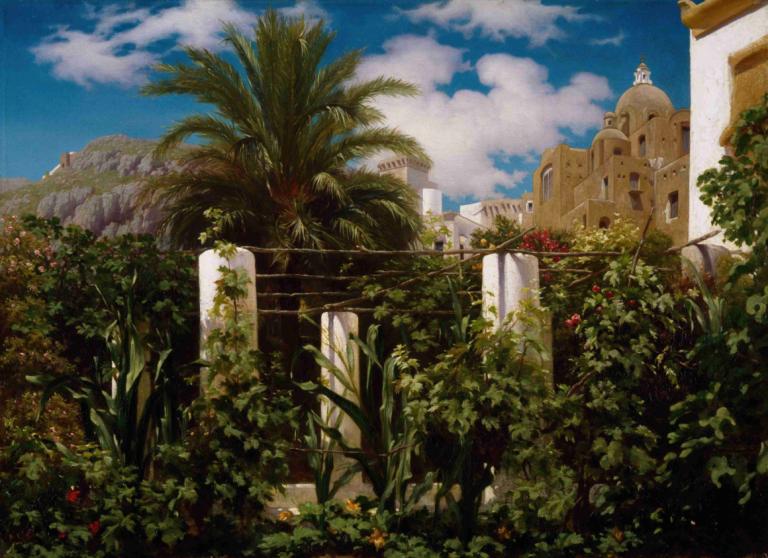 Garden of an Inn, Capri,卡普里旅馆花园,Frederic Leighton,弗雷德里克-莱顿,油画,油画, 风景, 没有人类, 树, 天空, 户外, 云, 天, 植物, 蓝天, 花, 自然