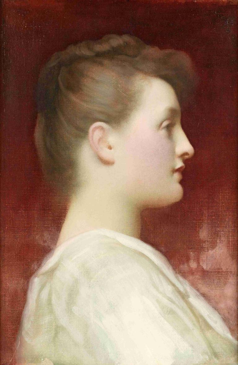 Girl in profile,女孩侧面,Frederic Leighton,弗雷德里克-莱顿,油画,油画, 独奏, 1个女孩, 棕色的头发, 轮廓, 红色背景, 上半身, 实际的, 从侧面, 闭着嘴, 衬衫, 白衬衫