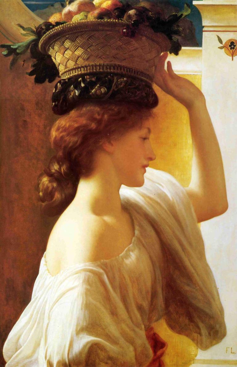 Girl with a basket of fruit Date,提着一篮水果的女孩 日期,Frederic Leighton,弗雷德里克-莱顿,油画,油画, 1个女孩, 水果, 篮子, 食物, 独奏, 棕色的头发