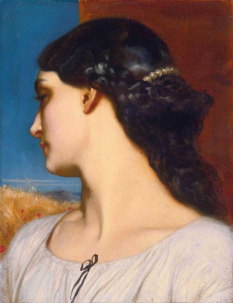 La Nanna,Frederic Leighton,Lukisan cat minyak,Lukisan cat minyak, 1 gadis, solo, rambut hitam