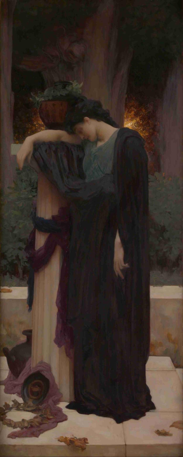 Lachrymae,Frederic Leighton,Lukisan cat minyak,Lukisan cat minyak, rambut hitam, gaun, 1 gadis, pohon, duduk