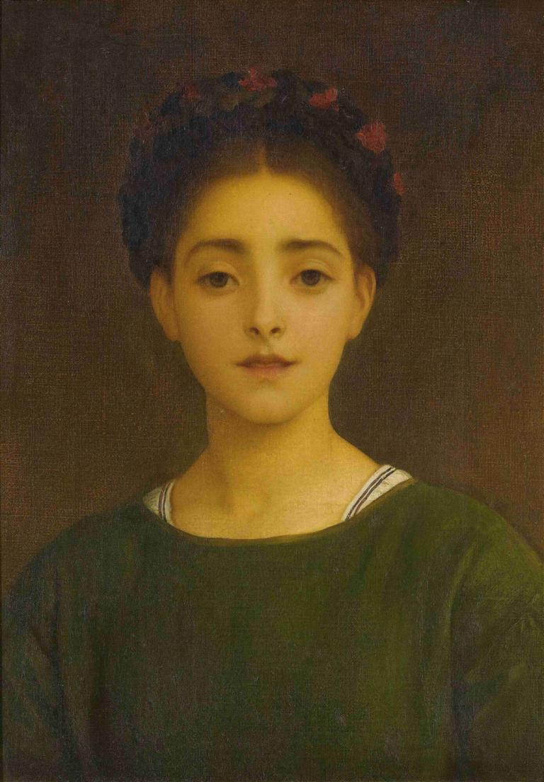 Leandra,Frederic Leighton,프레데릭 레이튼,오일 페인팅,오일 페인팅, 독주, 현실적인, 녹색 셔츠, 여자 1명, 셔츠, 상체, 뷰어를보고, 흑발, 갈색 배경, 입술, 검은 눈