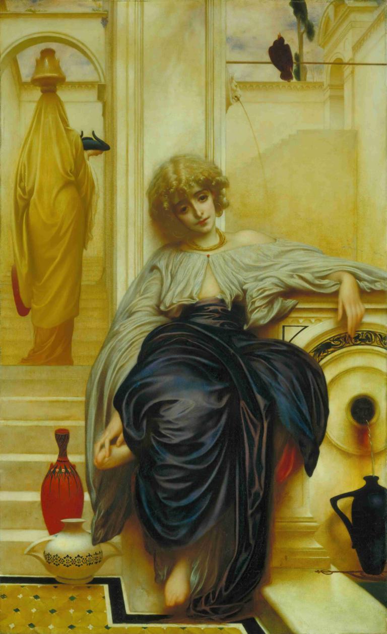 Lieder ohne Worte,无字歌,Frederic Leighton,弗雷德里克-莱顿,油画,油画, 美术模仿, 金头发, 赤脚, 长袍, 坐着, 1个女孩, 雕像, 实际的, 珠宝, 独奏, 戏仿