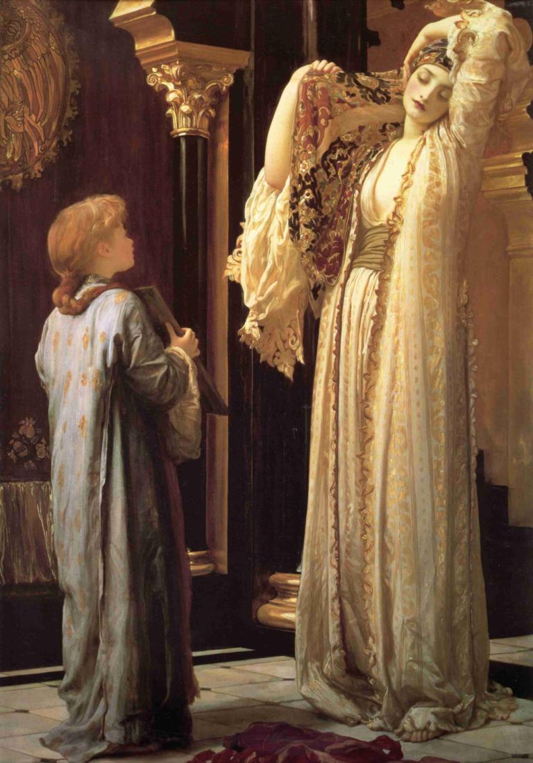 Light of the Harem,하렘의 빛,Frederic Leighton,프레데릭 레이튼,오일 페인팅,오일 페인팅, 미술 패러디, 옷, 풍자적 개작 시문, 드레스, 서 있는, 보유, 여자 1명