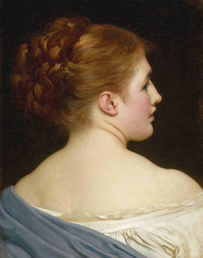 Lily,Frederic Leighton,프레데릭 레이튼,오일 페인팅,오일 페인팅, 여자 1명, 독주, 현실적인, 뒤에서, 벌거벗은 어깨, 갈색 머리, 프로필, 미술 패러디, 감긴 눈, 상체