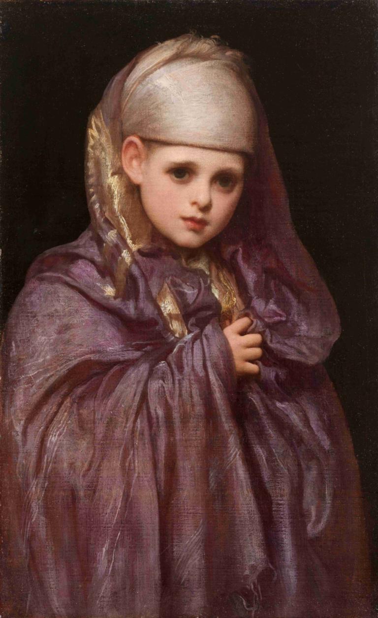 Little Fatima,작은 파티마,Frederic Leighton,프레데릭 레이튼,오일 페인팅,오일 페인팅, 여자 1명, 독주, 옷, 현실적인, 블론드 헤어, 뷰어를보고, 검정색 배경