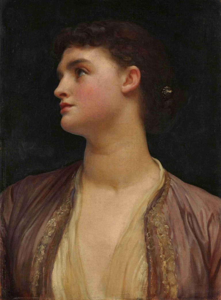 Lucia,Frederic Leighton,프레데릭 레이튼,오일 페인팅,오일 페인팅, 독주, 여자 1명, 현실적인, 갈색 머리, 프로필, 상체, 멀리보고, 검정색 배경, 옆을 바라보며, 짧은 머리