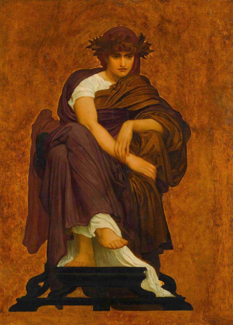 Mnemosyne, Mother of the Muses,뮤즈의 어머니, 므네모신,Frederic Leighton,프레데릭 레이튼,오일 페인팅,오일 페인팅, 미술 패러디, 독주, 맨발, 좌석