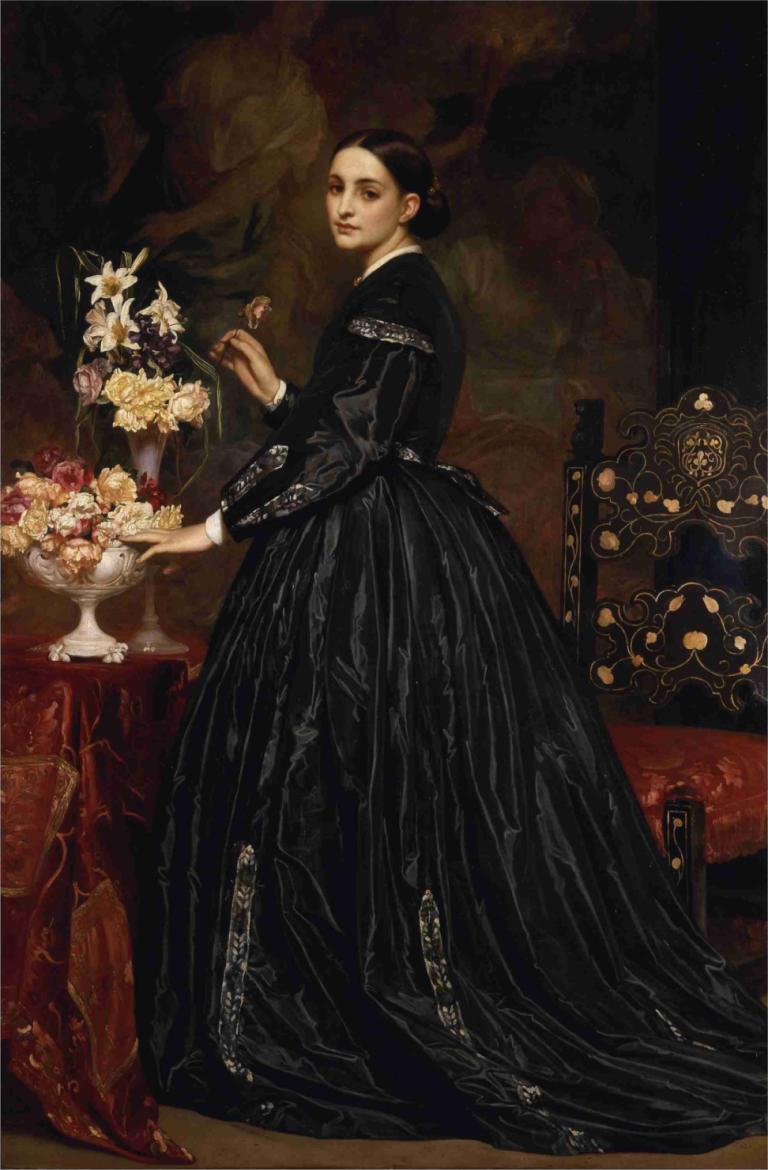 Mrs. James Guthrie,제임스 거스리 부인,Frederic Leighton,프레데릭 레이튼,오일 페인팅,오일 페인팅, 여자 1명, 드레스, 꽃, 독주, 꽃병, 검정 드레스, 흑발