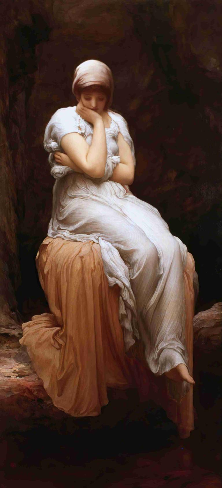 Solitude,고독,Frederic Leighton,프레데릭 레이튼,오일 페인팅,오일 페인팅, 여자 1명, 미술 패러디, 독주, 드레스, 좌석, 맨발, 현실적인, 하얀 드레스, 짧은 소매