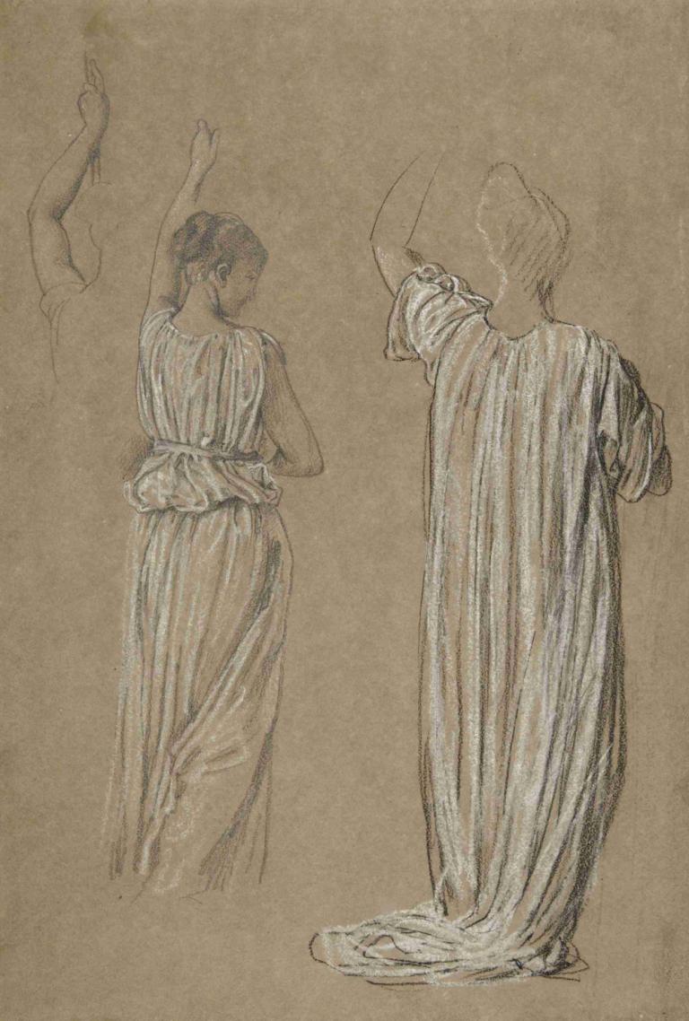 Studies of a standing draped figure,垂挂式站立人物研究,Frederic Leighton,弗雷德里克-莱顿,铜版画,铜版画, 1个女孩, 举起手臂, 单色, 从后面, 裙子, 长袍