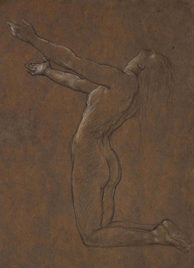 Study For Clytie,为克莱蒂学习,Frederic Leighton,弗雷德里克-莱顿,铜版画,铜版画, 独奏, 裸体, 屁股, 跪着, 单色, 1个女孩, 赤脚, 棕色主题, 美术模仿, 长发, 弓背