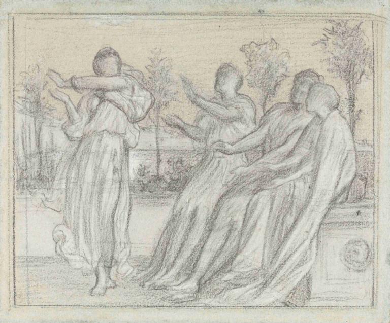 Study for 'Greek Girl Dancing',希腊女孩的舞蹈 "研究,Frederic Leighton,弗雷德里克-莱顿,铜版画,铜版画, 美术模仿, 跳舞, 树, 单色, 多个女孩, 戏仿