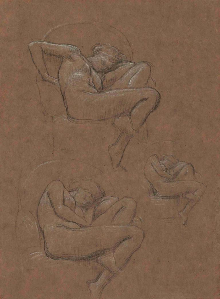 Three studies for 'Flaming June',火焰六月 "的三项研究,Frederic Leighton,弗雷德里克-莱顿,铜版画,铜版画, 裸体, 一边, 草图, 乳房, 说谎, 1个女孩, 单色