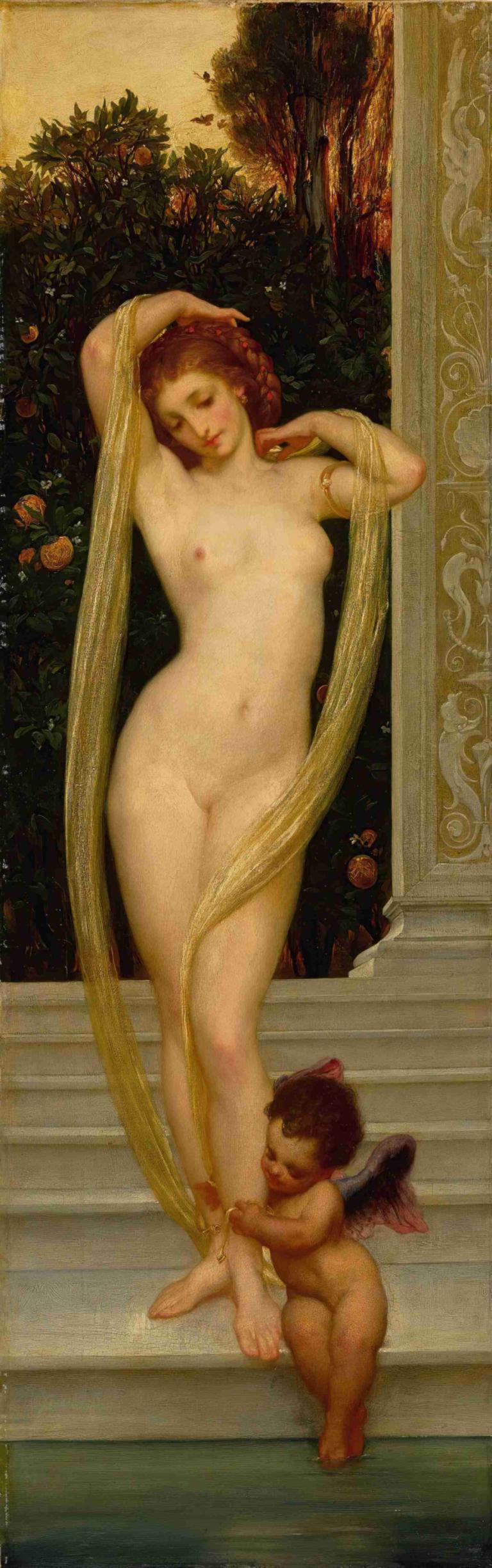 Venus And Cupid,Frederic Leighton,Oil Painting,Oil Painting, fine art parody, nude, nipples, wings, breasts