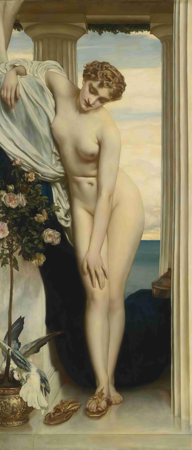 Venus Disrobing For The Bath,Frederic Leighton,Oil Painting,Oil Painting, fine art parody, 1girl, nipples