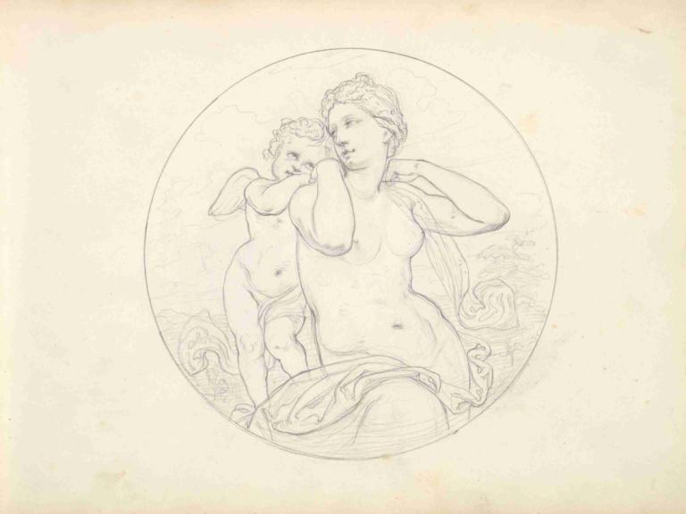 Venus and Cupid,Frederic Leighton,Sketch,Sketch, fine art parody, monochrome, nude, breasts, 1girl, sketch