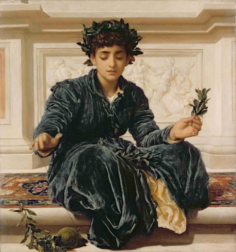 Weaving the Wreath,Frederic Leighton,Oil Painting,Oil Painting, fine art parody, closed eyes, holding, solo