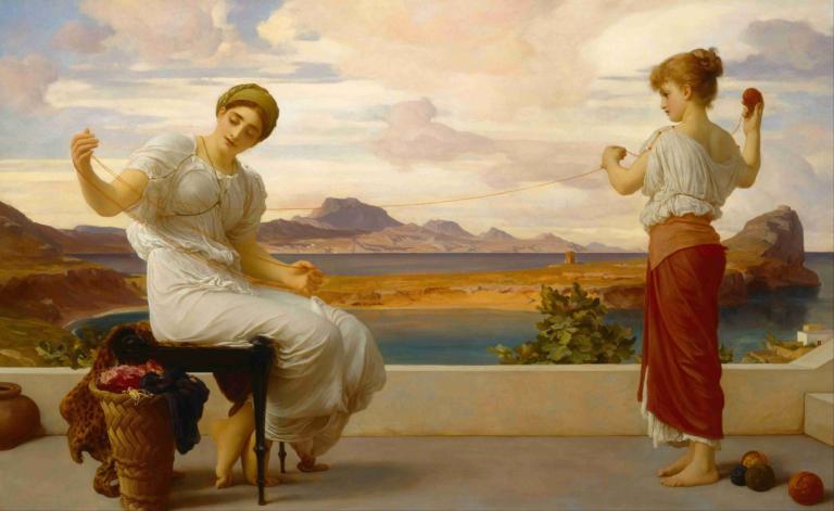 Winding the skein,Frederic Leighton,Oil Painting,Oil Painting, fine art parody, barefoot, cloud, hair bun