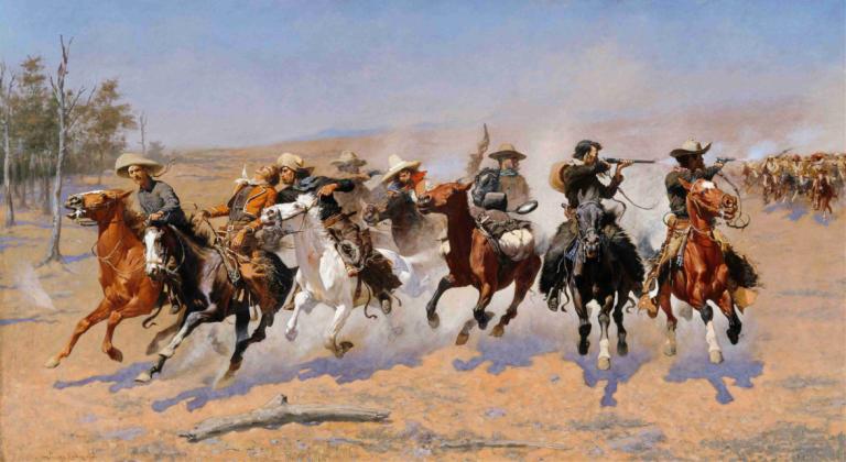 A Dash for the Timber,Črtica za les,Frederic Remington,Oljna slika,Oljna slika, jahanje konja, konj, orožje