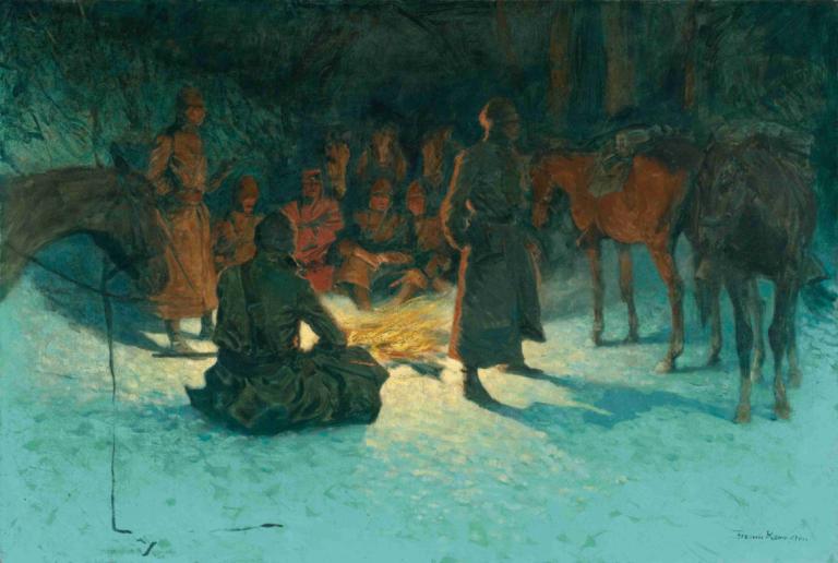 A Halt In The Wilderness,Frederic Remington,Oil Painting,Oil Painting, multiple boys, sitting, horse, nature