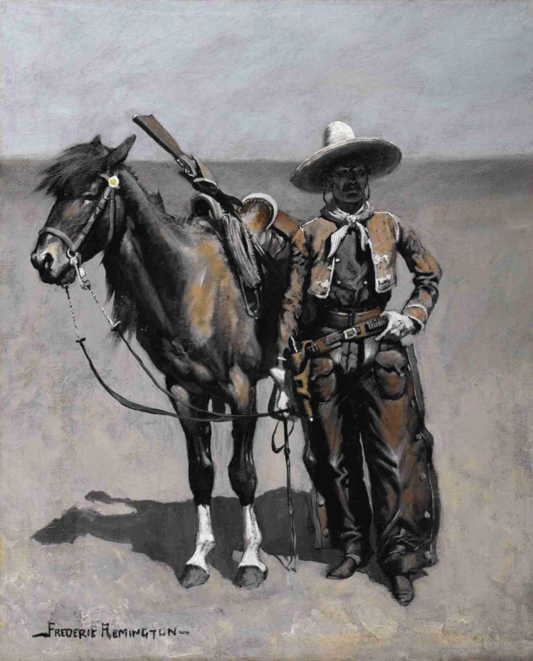 A Mexican Buccaro - In Texas,Frederic Remington,Oil Painting,Oil Painting, weapon, gun, hat, horse, holding