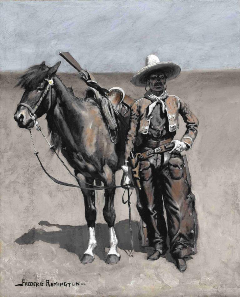 A Mexican Buccaroo - In Texas,Frederic Remington,Oil Painting,Oil Painting, weapon, gun, hat, horse, 1boy