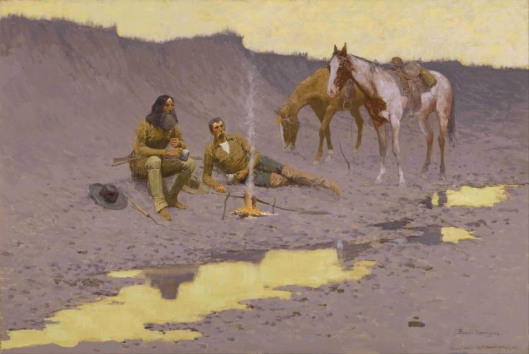 A New Year On The Cimarron,Frederic Remington,Oil Painting,Oil Painting, multiple boys, weapon, male focus