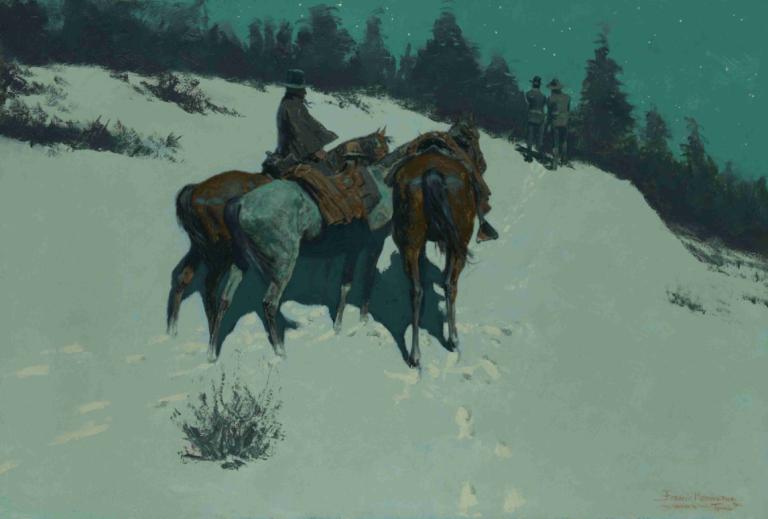 A Reconnaissance,Frederic Remington,Oil Painting,Oil Painting, outdoors, tree, snow, riding, night, horse