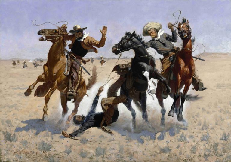 Aiding a Comrade,Att hjälpa en kamrat,Frederic Remington,Oljemålning,Oljemålning, häst, ridning, hatt, vapen