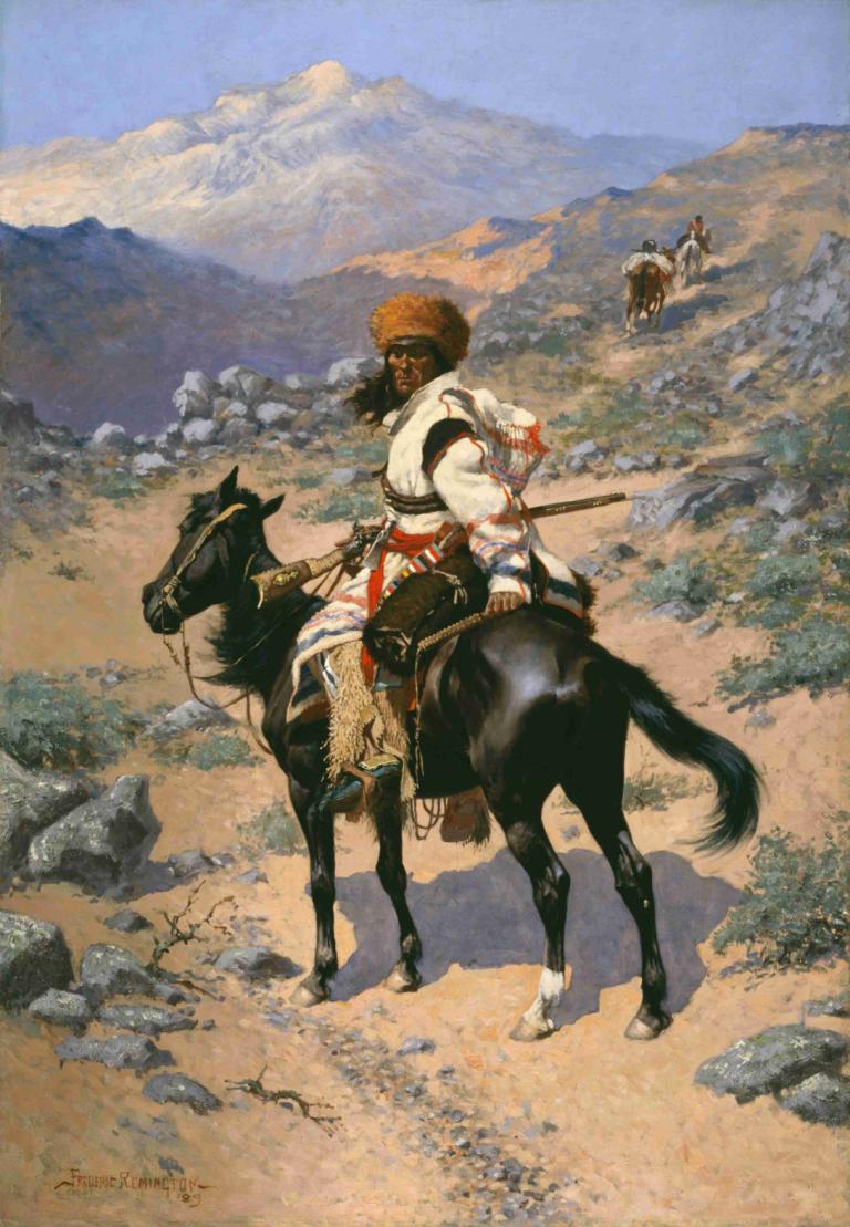 An Indian Trapper,Frederic Remington,Oil Painting,Oil Painting, horseback riding, riding, horse, outdoors