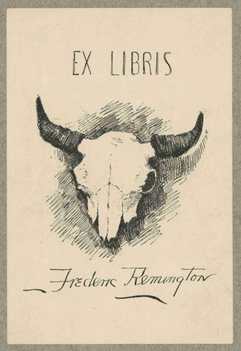 Bookplate of Frederic Remington,Frederic Remington,Illustration,Illustration, monochrome, solo, horns