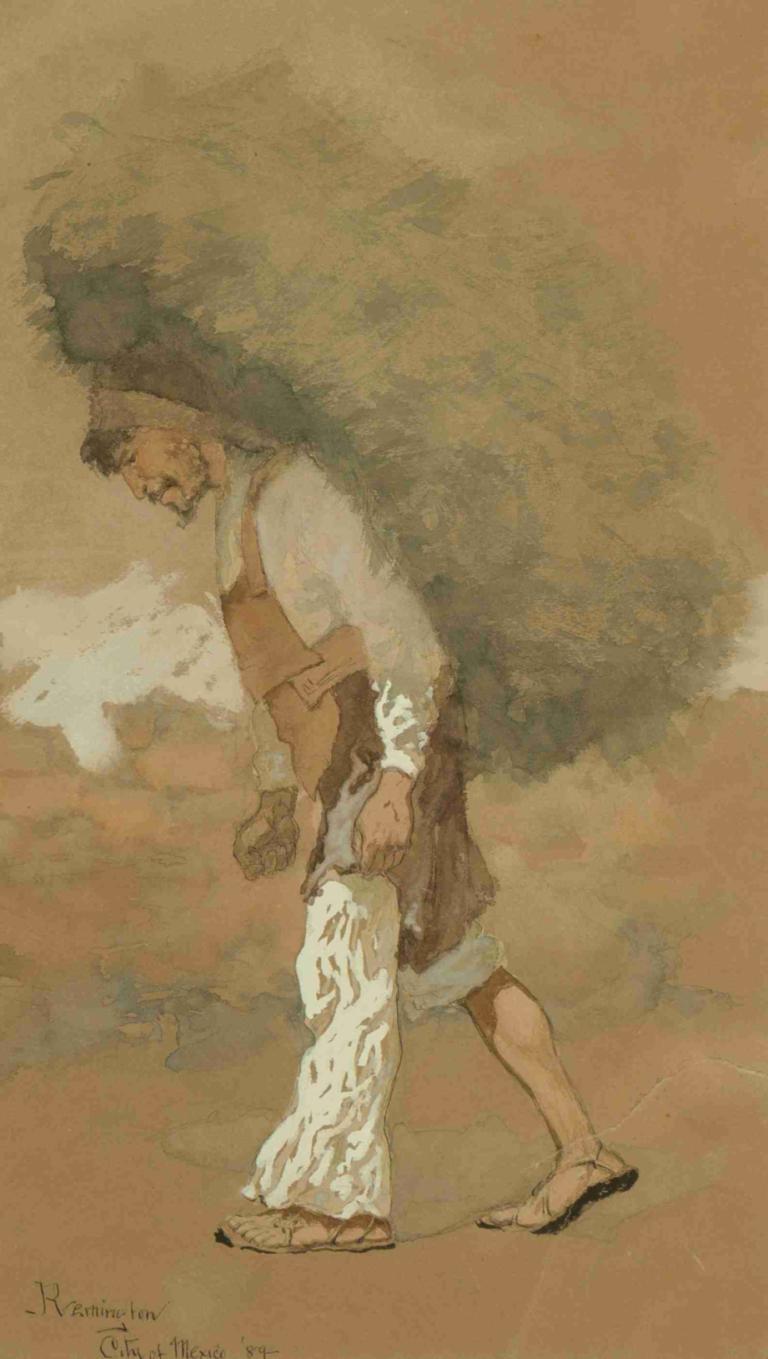 Carrying Fodder,Frederic Remington,Oil Painting,Oil Painting, sandals, 1boy, walking, male focus, black hair