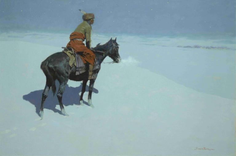 Friends Or Foes (The Scout),Frederic Remington,Oil Painting,Oil Painting, riding, snow, horseback riding