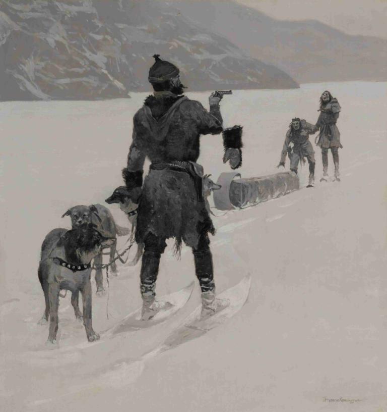 Hands Off,Avstängda händer,Frederic Remington,Oljemålning,Oljemålning, pekande, innehav, snö, flera pojkar